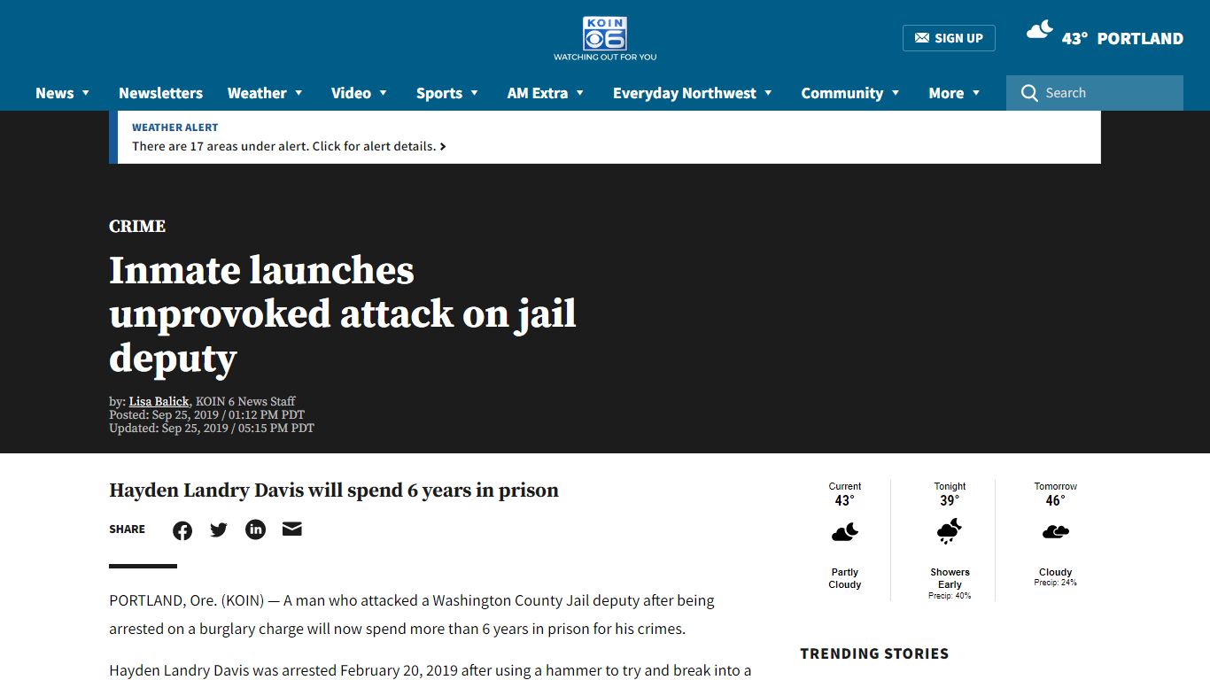 Inmate launches unprovoked attack on jail deputy | KOIN.com